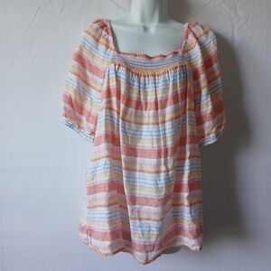 Striped Smocked Off-Shoulder Women's Top - Peach Multicolor